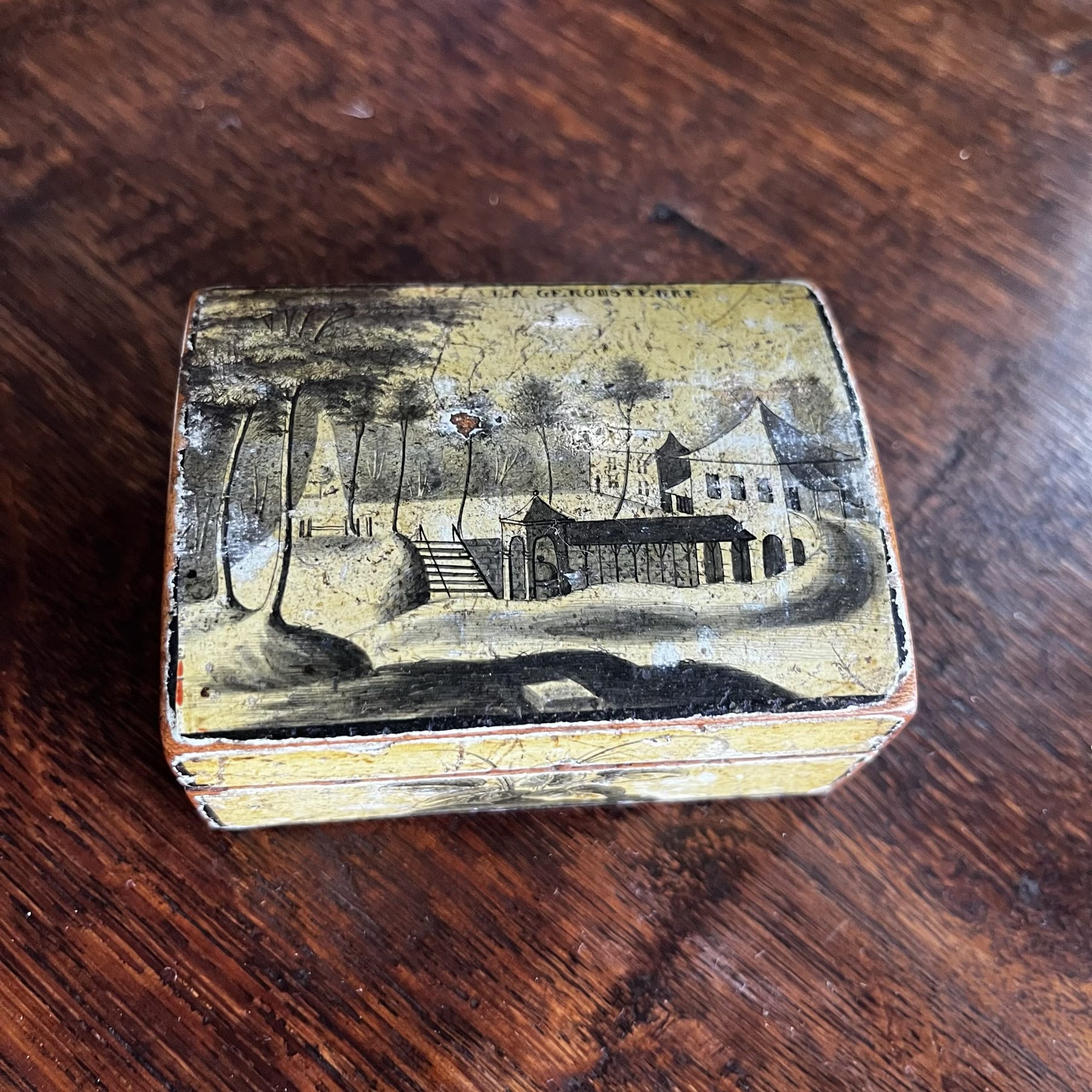 French wooden Spa-counter box, hand-painted landscape 'LA GERONSTERRE' c. 1770