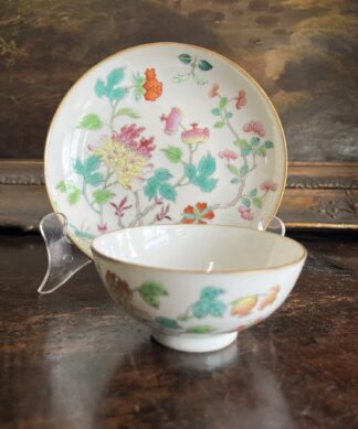 Chinese export tea bowl and saucer with polychrome peony garden, c.18thc