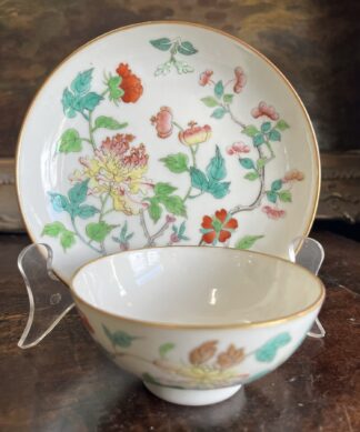 Chinese export tea bowl and saucer with polychrome peony garden, c.18thc