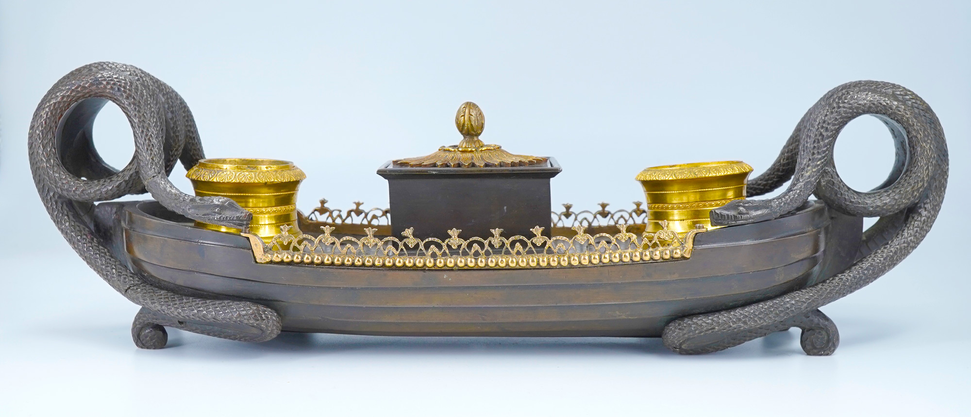 French Empire boat-form inkwell with serpent supports, c.1800