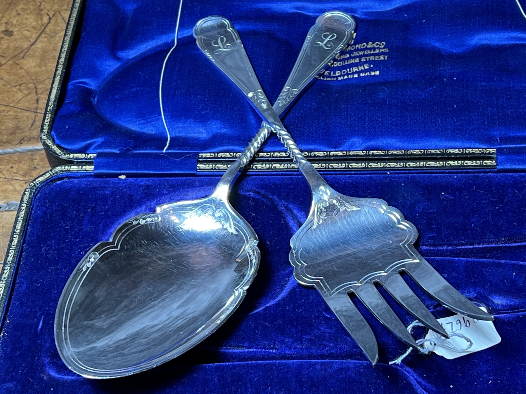 Quality Sheffield plated serving implements, box for Drummond & Co Melbourne  c. 1900