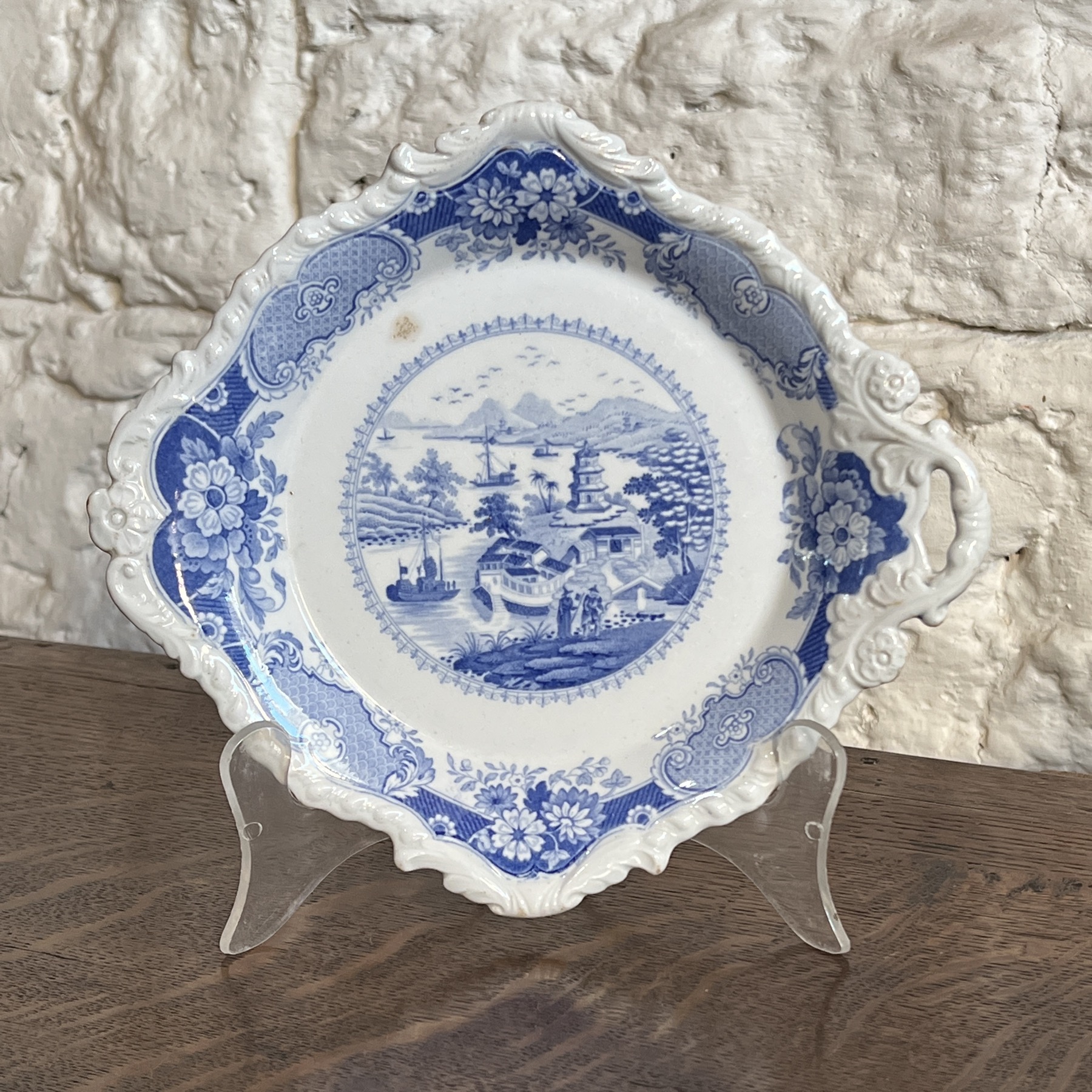 Ridgway blue printed 'India Temple' pattern, 'Stone China' round plate with handles C.1820