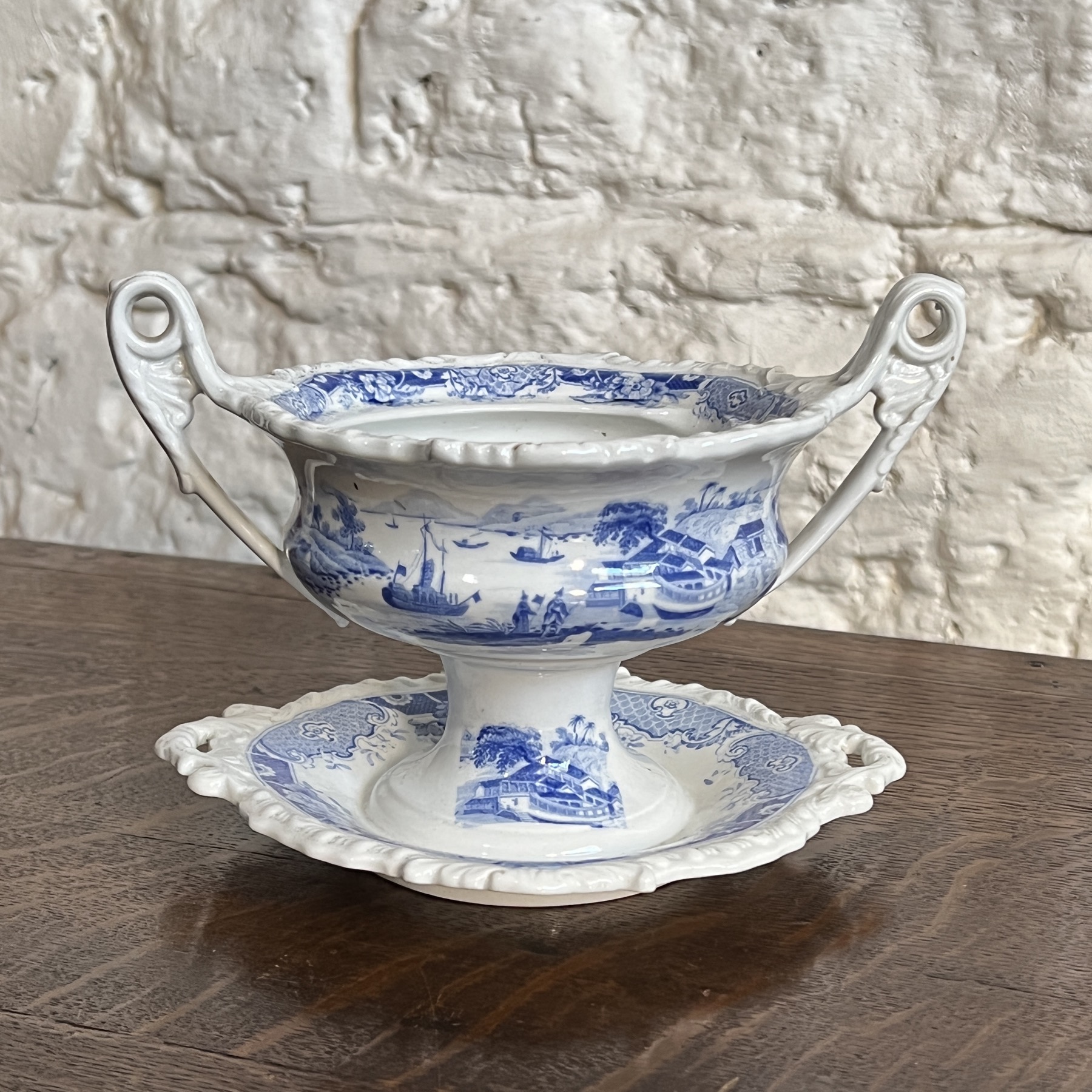 Ridgway blue printed 'India Temple' pattern, 'Stone China' twin-handled tureen C.1820