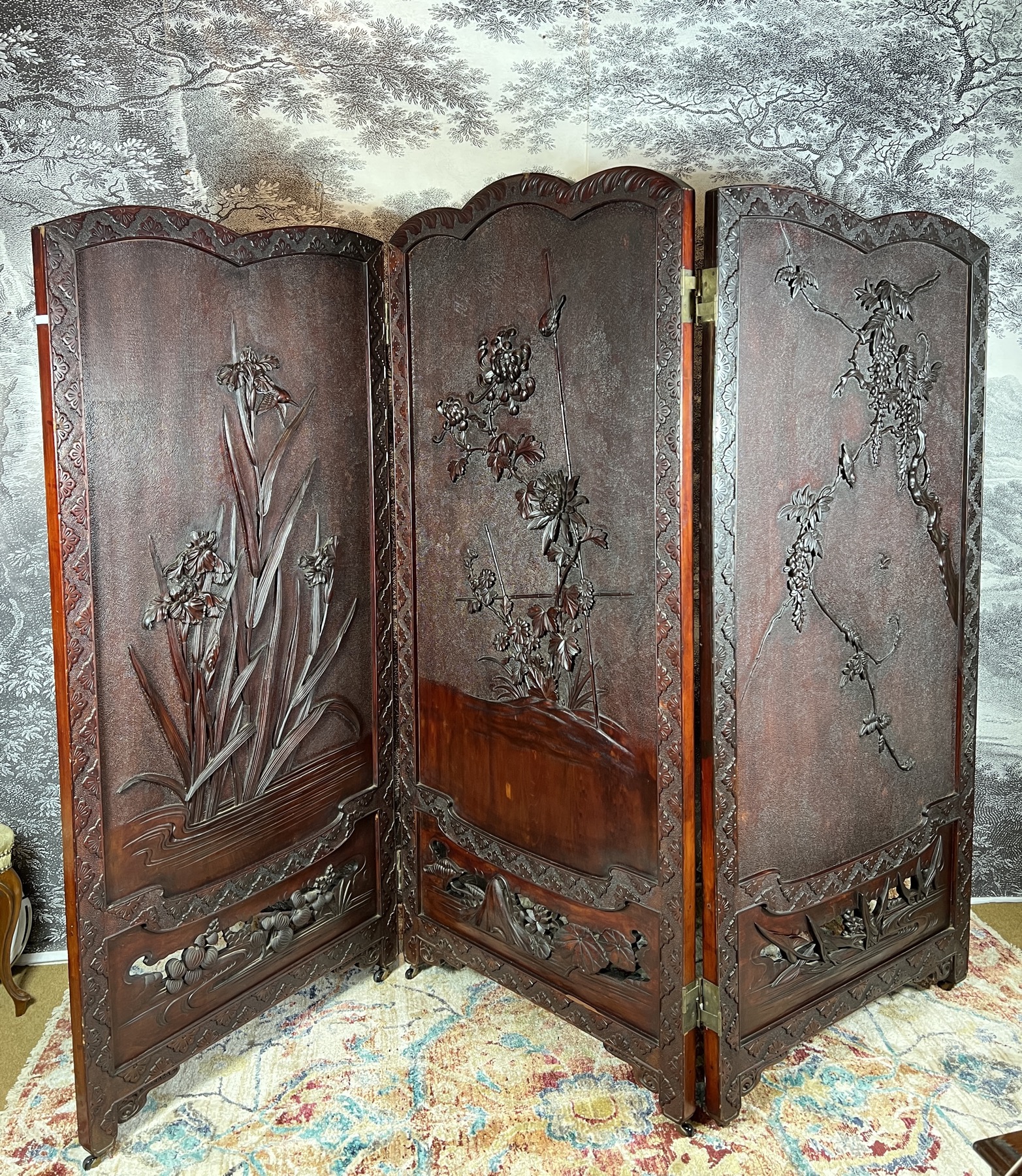 Japanese large wooden screen, carved with birds & flowers, ex- Purrumbete, Western District, c.1890