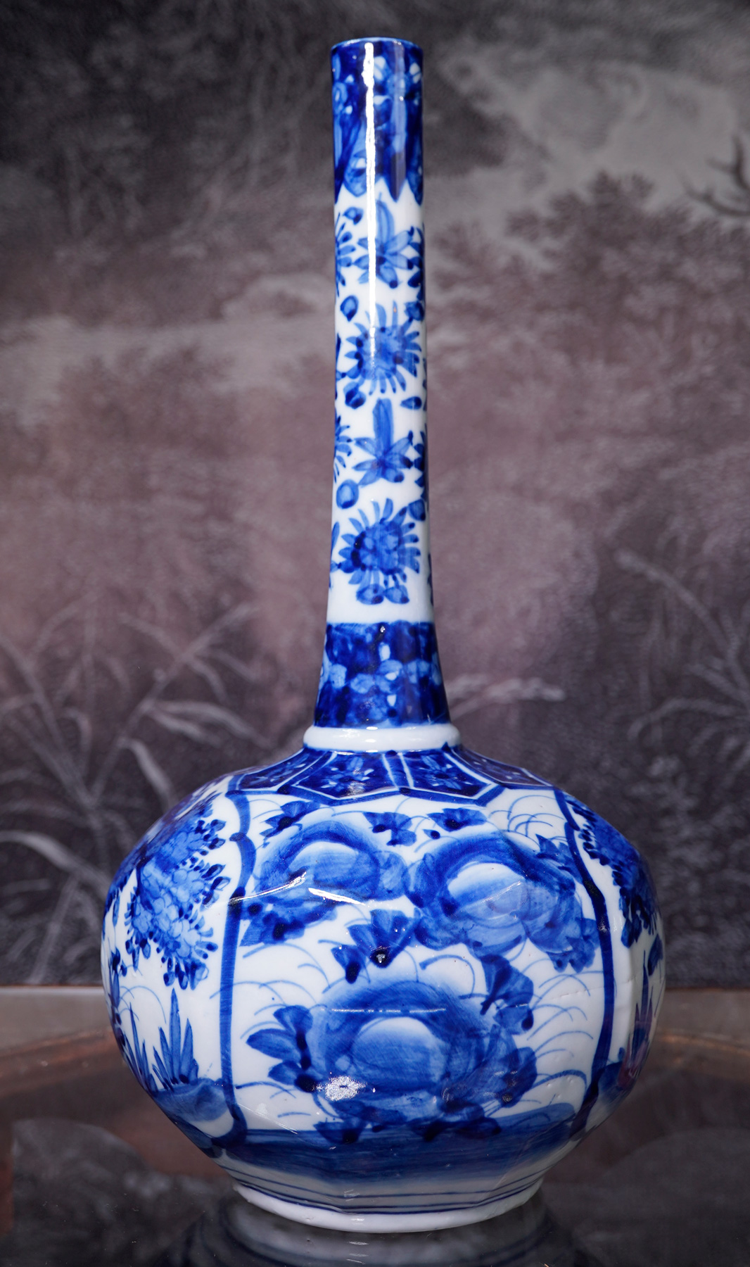 Japanese vase with tall skinny neck, underglaze blue dec, 19th c.