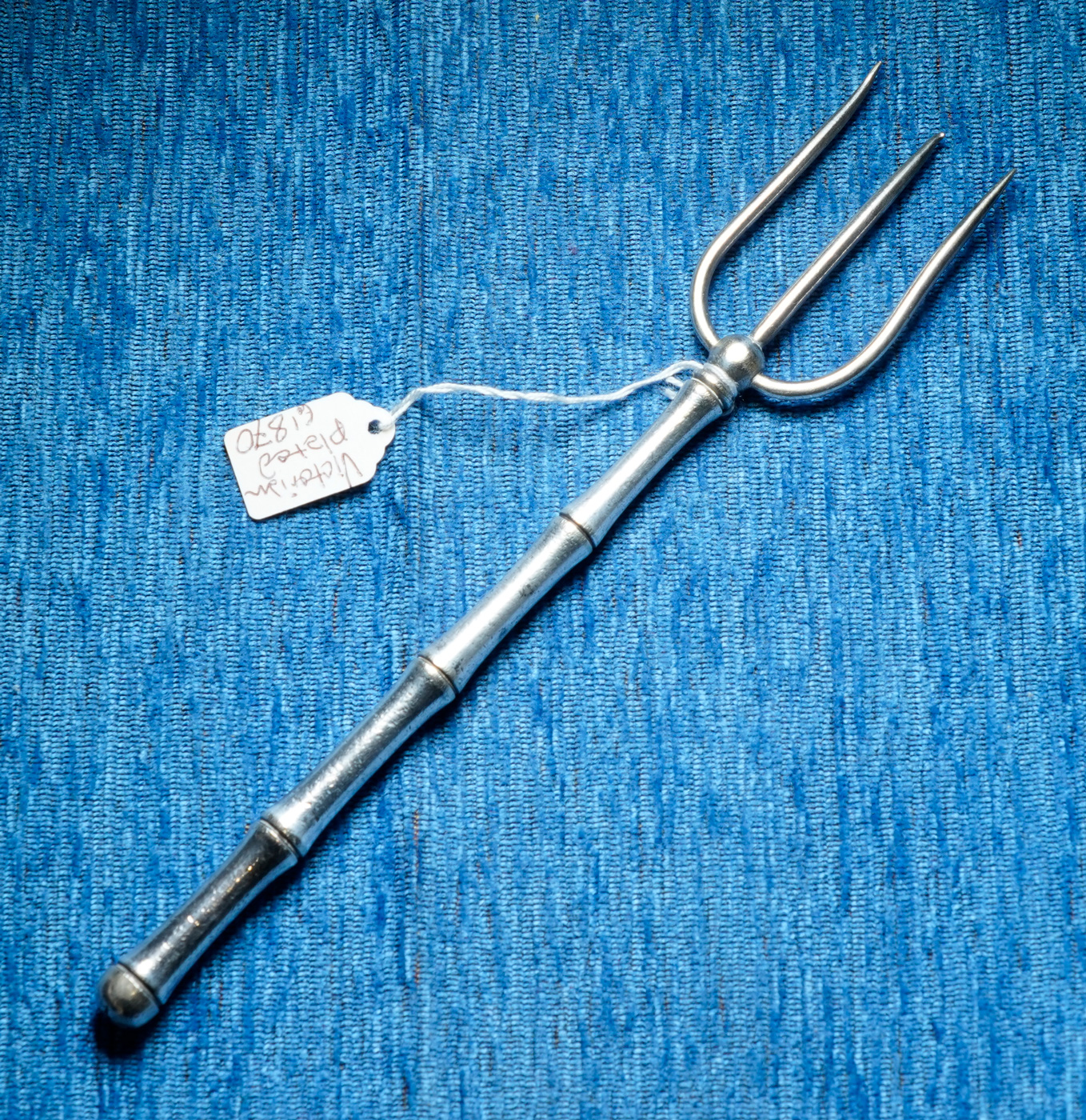 Victorian silver plate bread fork with bamboo style handle, c. 1870