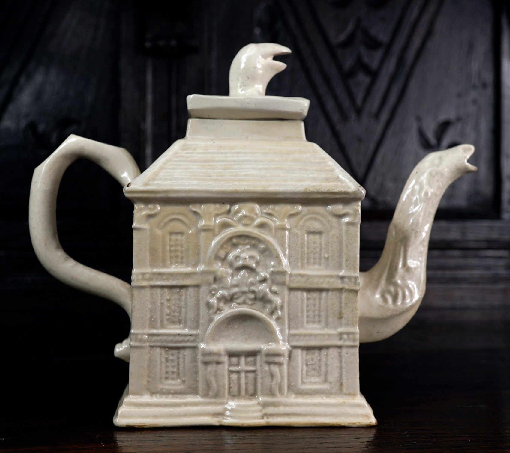 English saltglaze 'House' teapot, British coat-of-arms, c. 1745