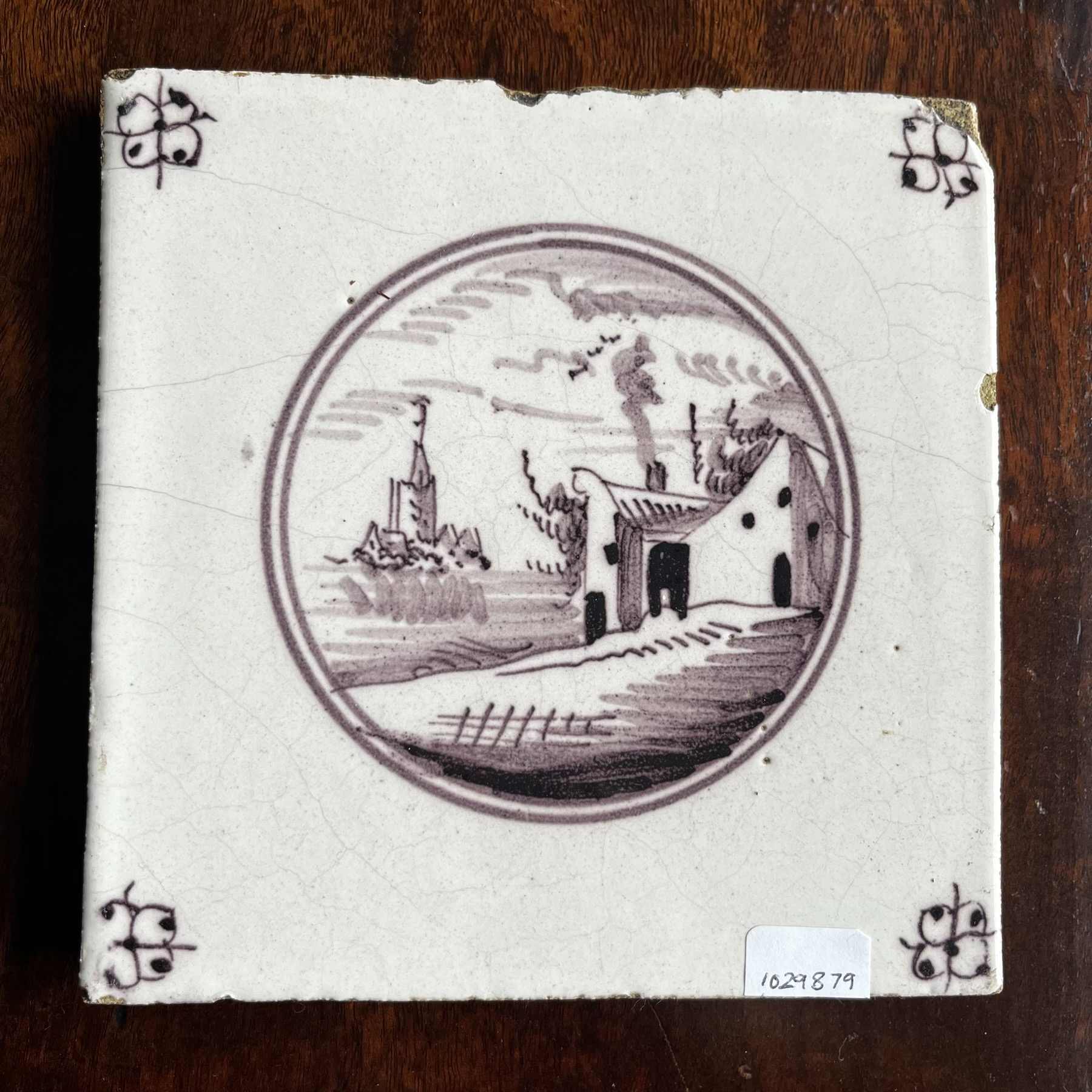 Dutch Delft tile with manganese scene, c. 1800