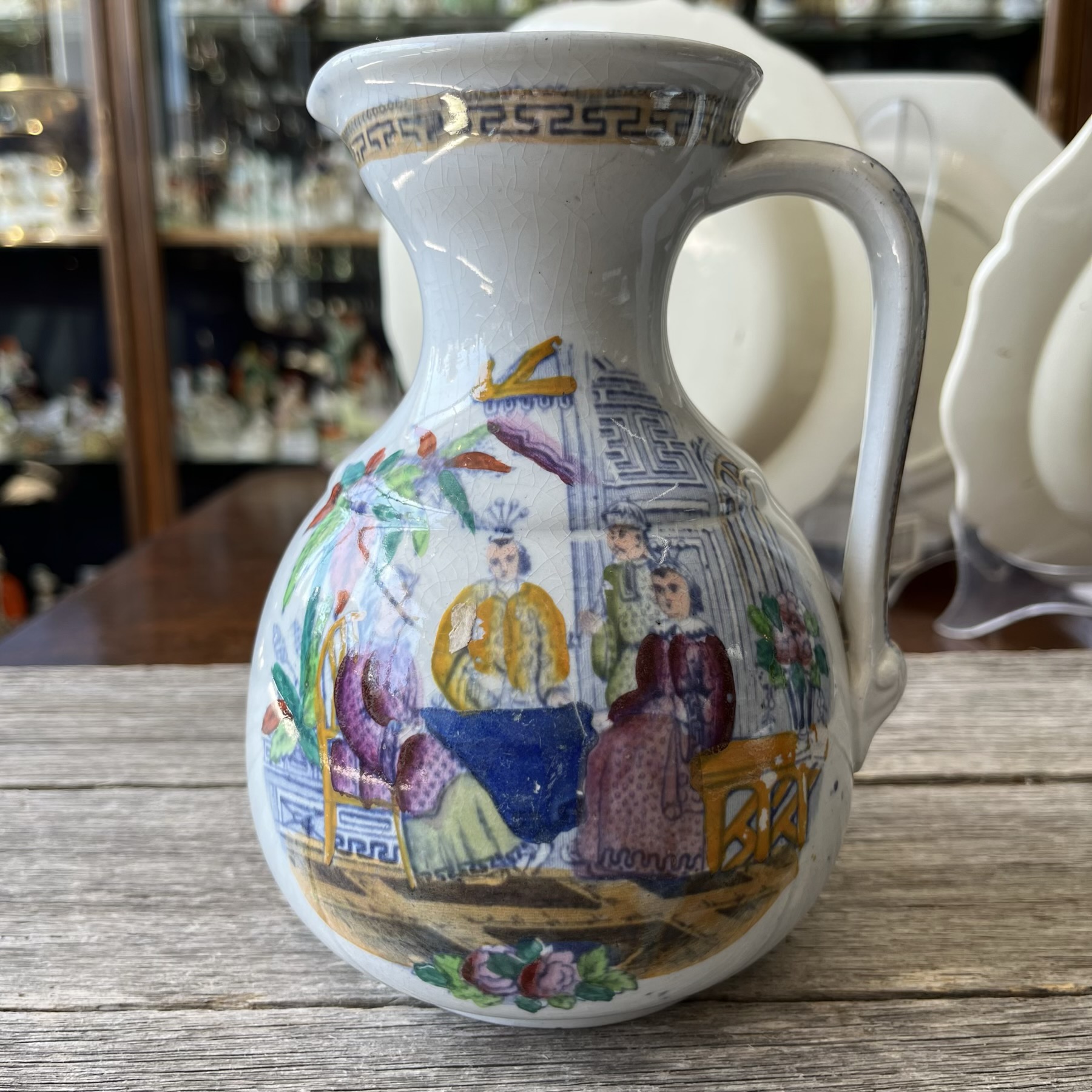 Victorian pottery jug, Chinoiserie scene, c. 1865