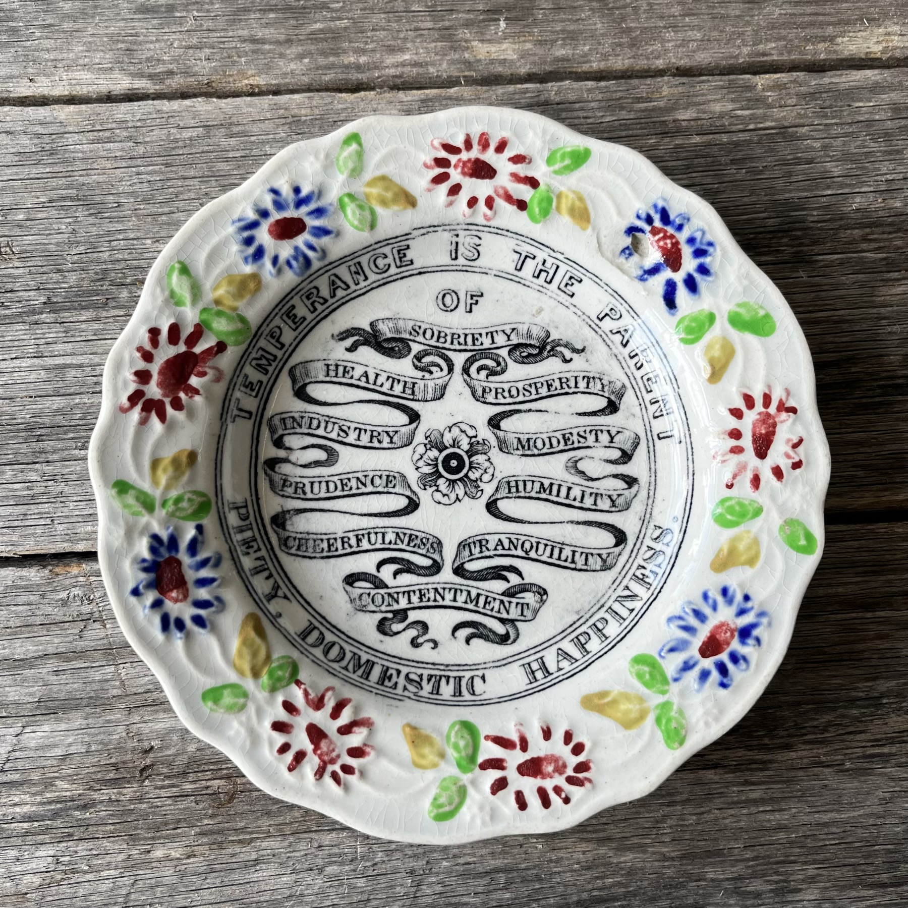 Staffordshire pottery children's plate with a printed Temperance motto. c. 1840