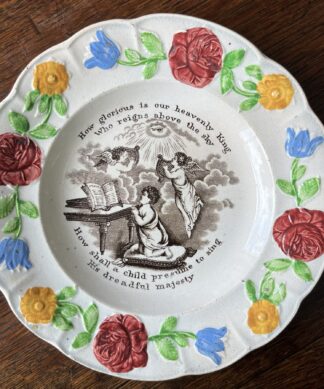 Child's pottery plate with Printed verse extolling good behaviour. c. 1845