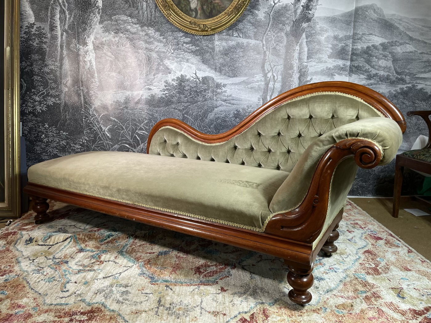 Australian Cedar chaise longue with pale green velvet upholstery, c.1860