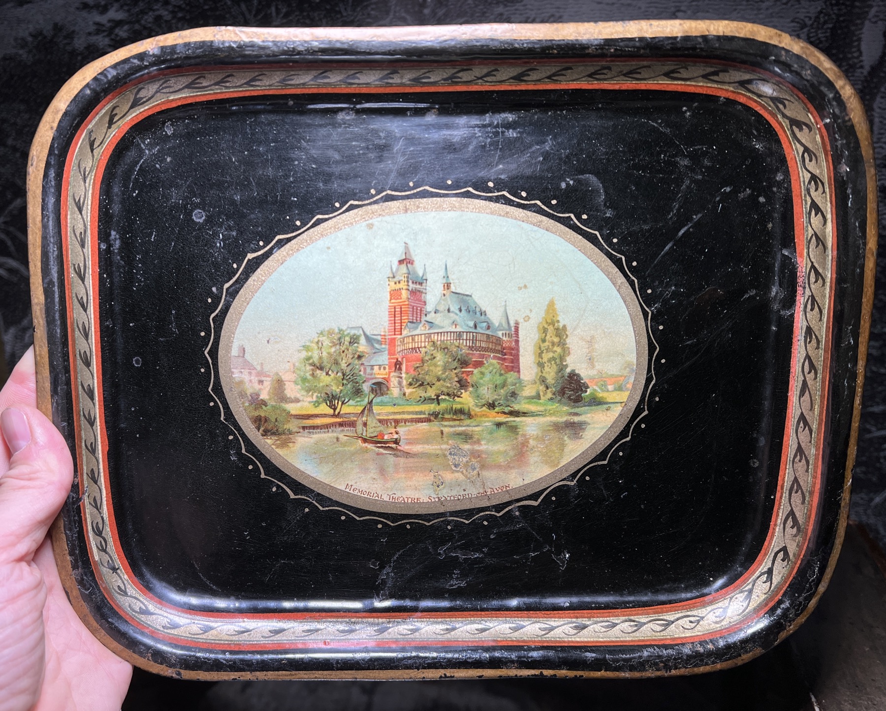 Victorian Shakespeare tin tray, Theatre- Stratford-on-Avon - c. 1900