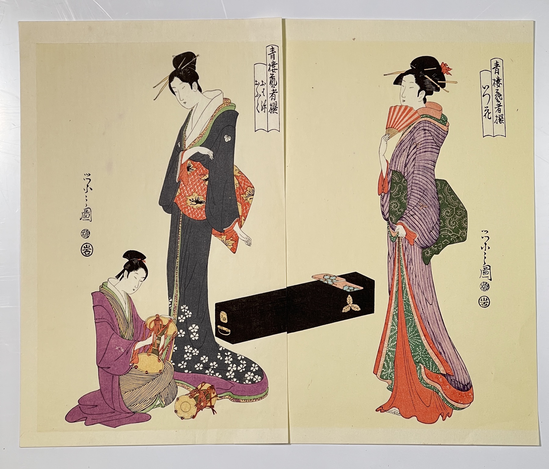 'Three Courtesans playing Music', after Eishi Hosoda (1756-1829) Japanese Woodblock Print triptych,