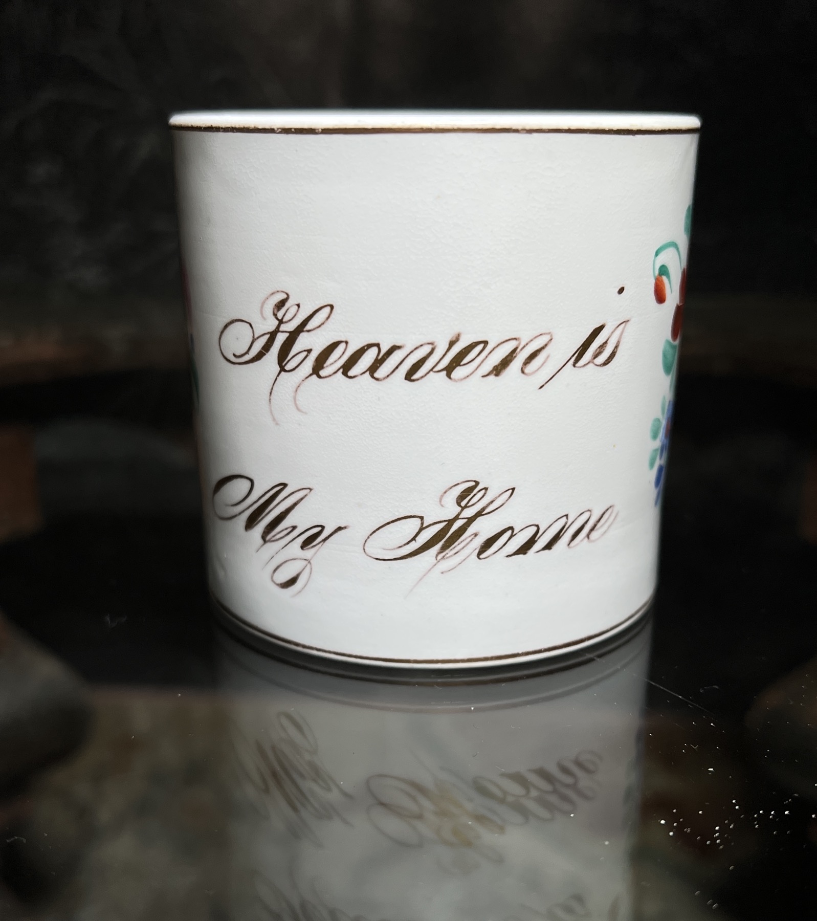 Staffordshire Porcelain mug, flowers, inscribed 'Heaven is My Home', c. 1835