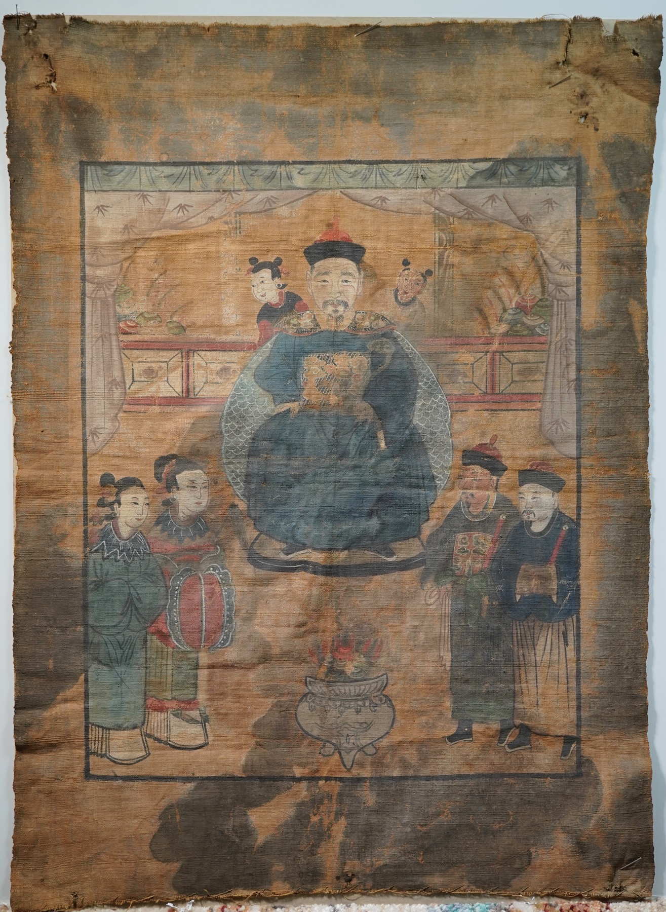 Chinese painting on linen, Dignitary holding Court, 19th c.