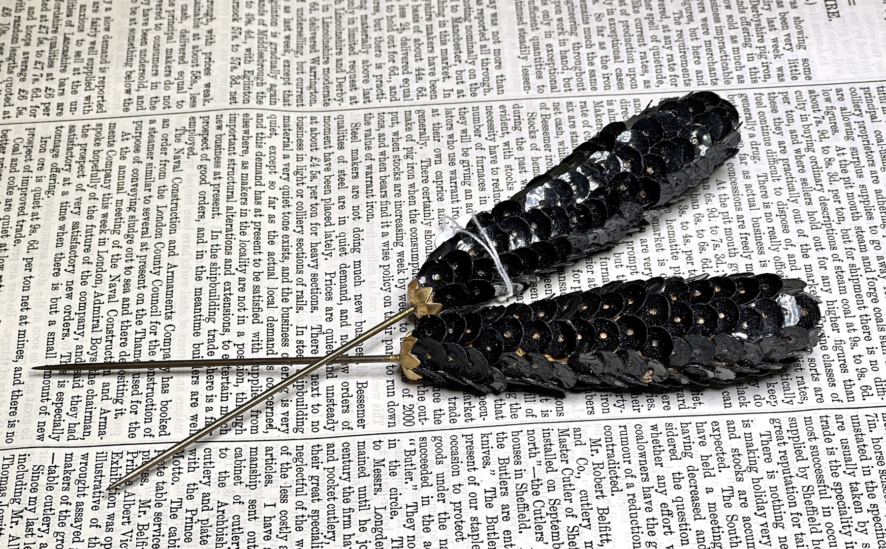 Pair of black sequins hat pins C.1930