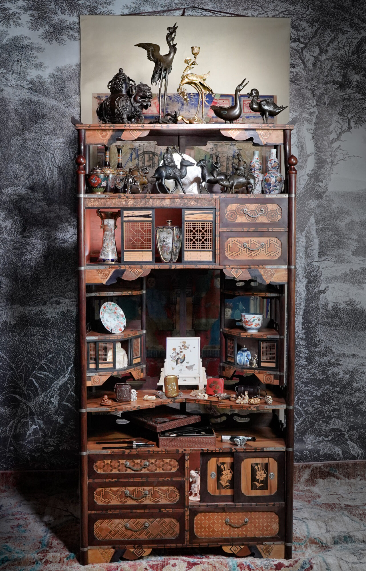 19th Century burr walnut fly tying cabinet with six fitted drawers