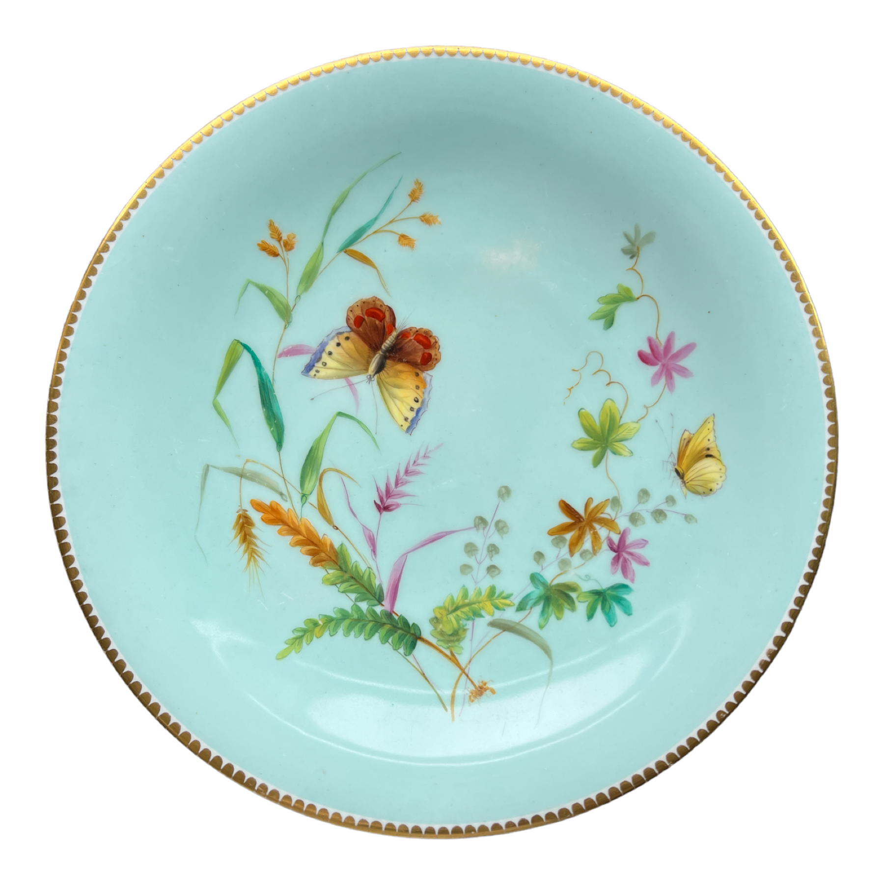 English porcelain plate, soft turquoise ground, flowers & butterflies, c. 1875