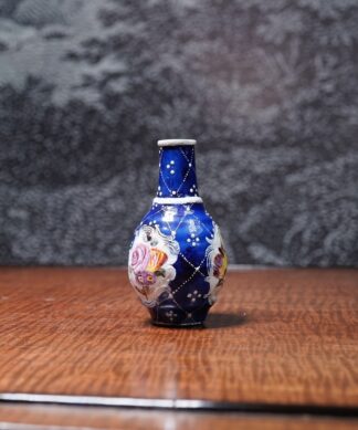 English enamel miniature vase, flowers on blue ground, c. 1790