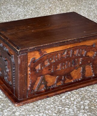 Australian primitive fretwork box, cedar & pine, 'A PRESENT FROM A.T.' c. 1900