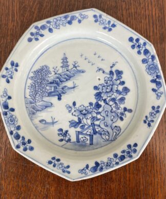 Chinese octagonal blue & white plate, river landscape, c. 1750