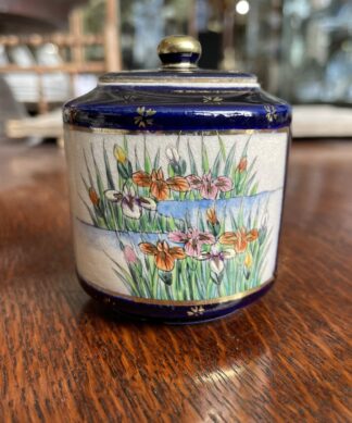 Japanese Satsuma lidded pot, painted iris, c. 1900