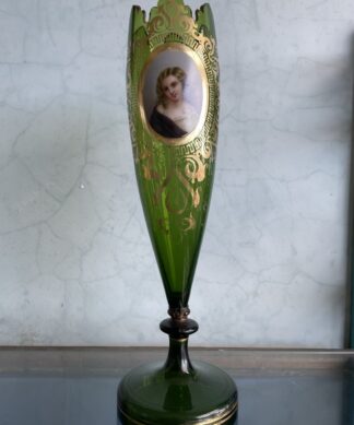 Victorian green glass tall  vase, handpainted enamel portrait C. 1870