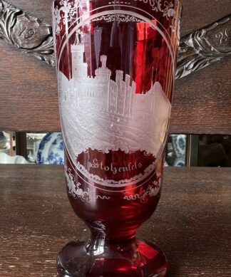 Bohemian Ruby Spa Glass, view of Stolzenfels Castle, c. 1870