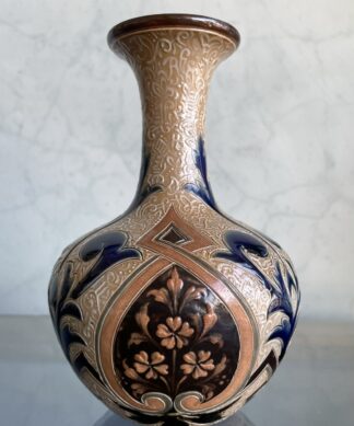 Doulton Lambeth vase with strapwork & ochre slip flower panels, dated 1883