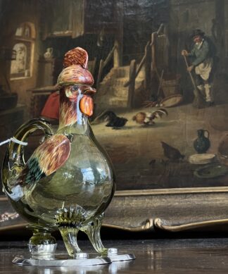 Unusual chicken-form green glass & enameled decanter, Sterling Silver base London 1886