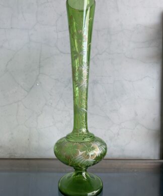 Victorian green glass tall  vase, enamelled flowers C. 1880