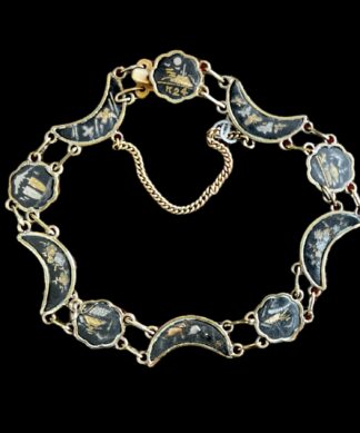 Japanese zogan bracelet, 10 moon/flower scenic panels, c. 1920