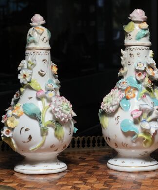 Pair of Coalbrookdale style bottle shape vases & covers, C 1830