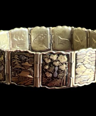 Japanese zogan bracelet, 16 flower/scenic panels, c. 1920