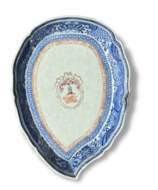 Chinese Export leaf-form dish with armorial, WK/RJ & dog head, c. 1780