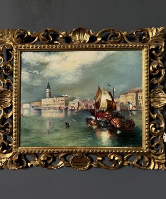 Oil painting 'The Grand Canal', after Turner, hand carved Venetian gilt wood frame, 20th C.