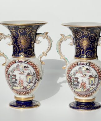 Rare Masons Ironstone twin-handled vases, clobbered Chinoiserie scenes & cobalt with insects, c.1830