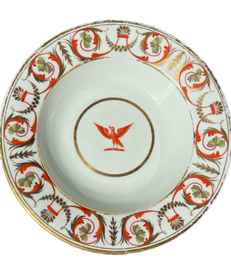 Derby Armorial soupplate, red dove with leaf, c. 1800