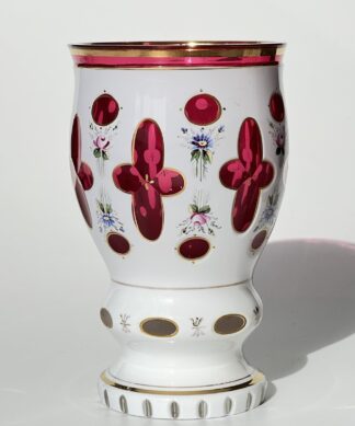 Bohemian ruby overlay heavy goblet, enameled flowers, c. 1870