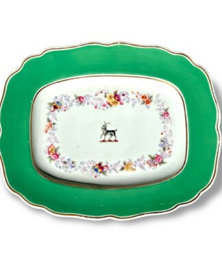 Chamberlain's Worcester armorial meat platter, green border with flowers & goat crest, c.1830