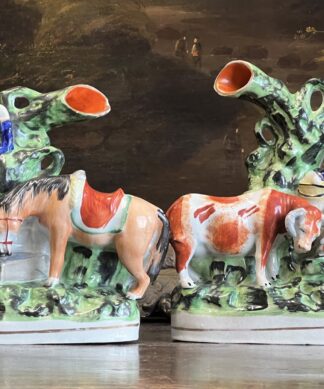 Pair of Staffordshire figural spills, Man & Horse + Lady & Cow, c. 1860