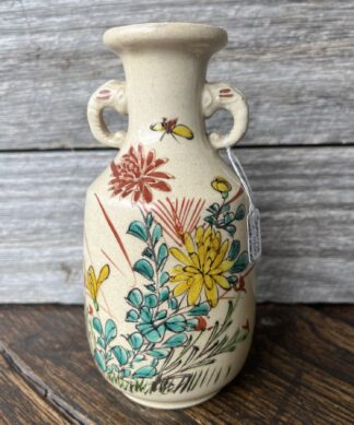 Japanese Satsuma pottery vase, flower garden & verse, Meiji 19th century