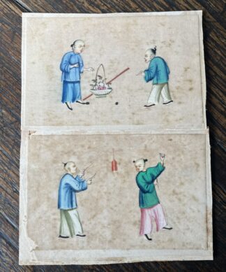 Pair of small Chinese pith paintings, flower seller & fireworks, mid 19th century