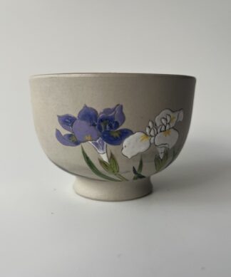 Japanese stoneware tea bowl, iris decoration c.1900