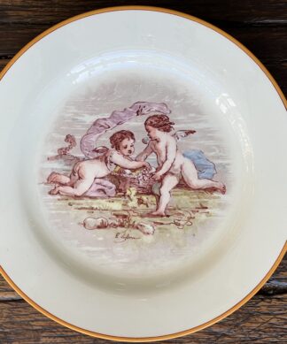 Wedgwood Queensware plate, painted with cherubs by Lessore, C.1865