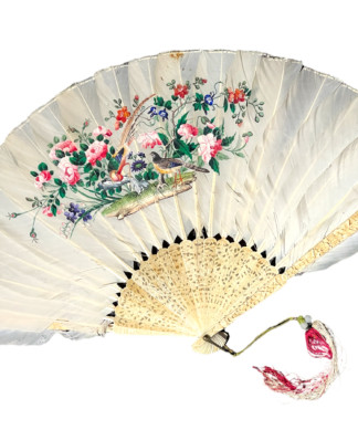 Chinese white feather fan, fine Birds & Flowers painting, intricate carved ivory ends, c. 1820