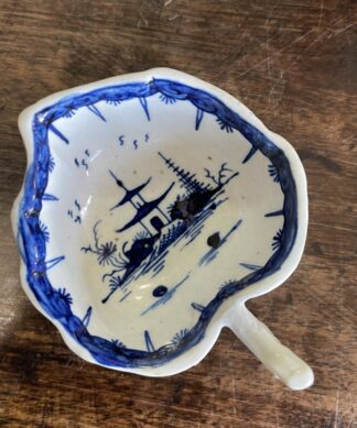 Derby blue and white butter boat, leaf form , Chinese landscape, c. 1765