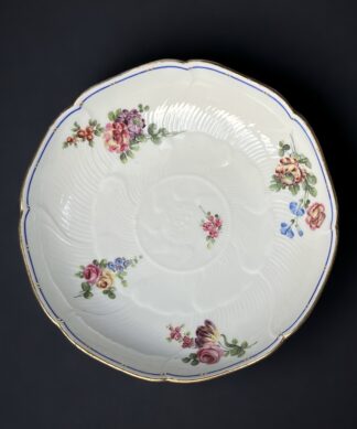 Sevres lotus-moulded dish, compotier rond, flower sprays by Lécot, dated 1764