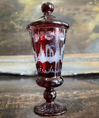 Small bohemian ruby flash spa glass + cover, landscape engraved c.1860